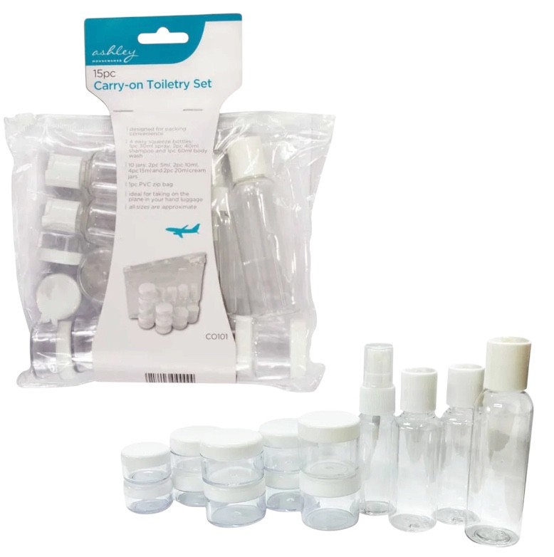 15Pc Carry-on Travel Toiletry Holiday Hand Luggage Clear Bottle Cosmetic & Bag