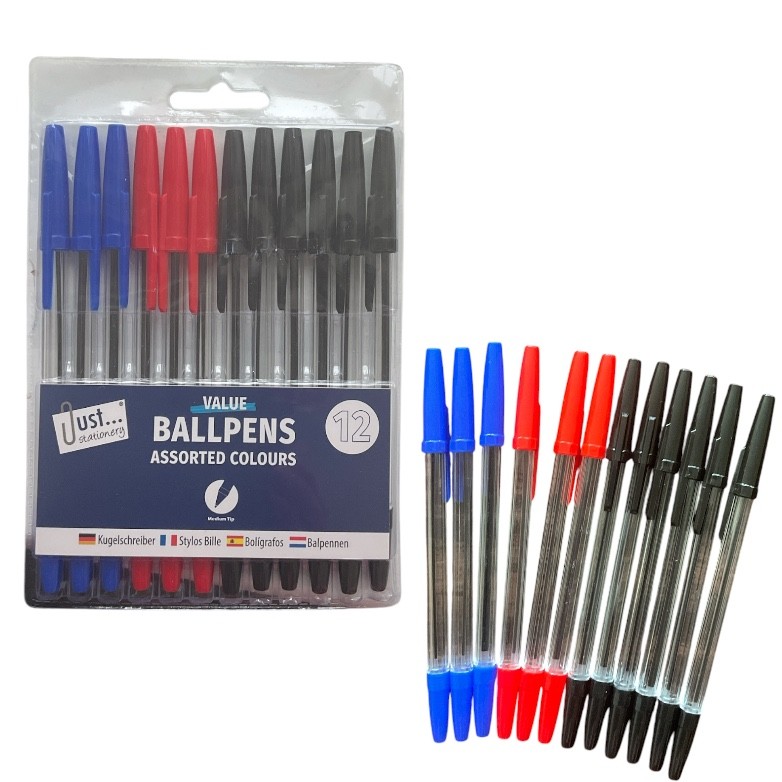 12 High Quality Ballpoint Soft Grip School Office Easy Write  Black, Blue, Red