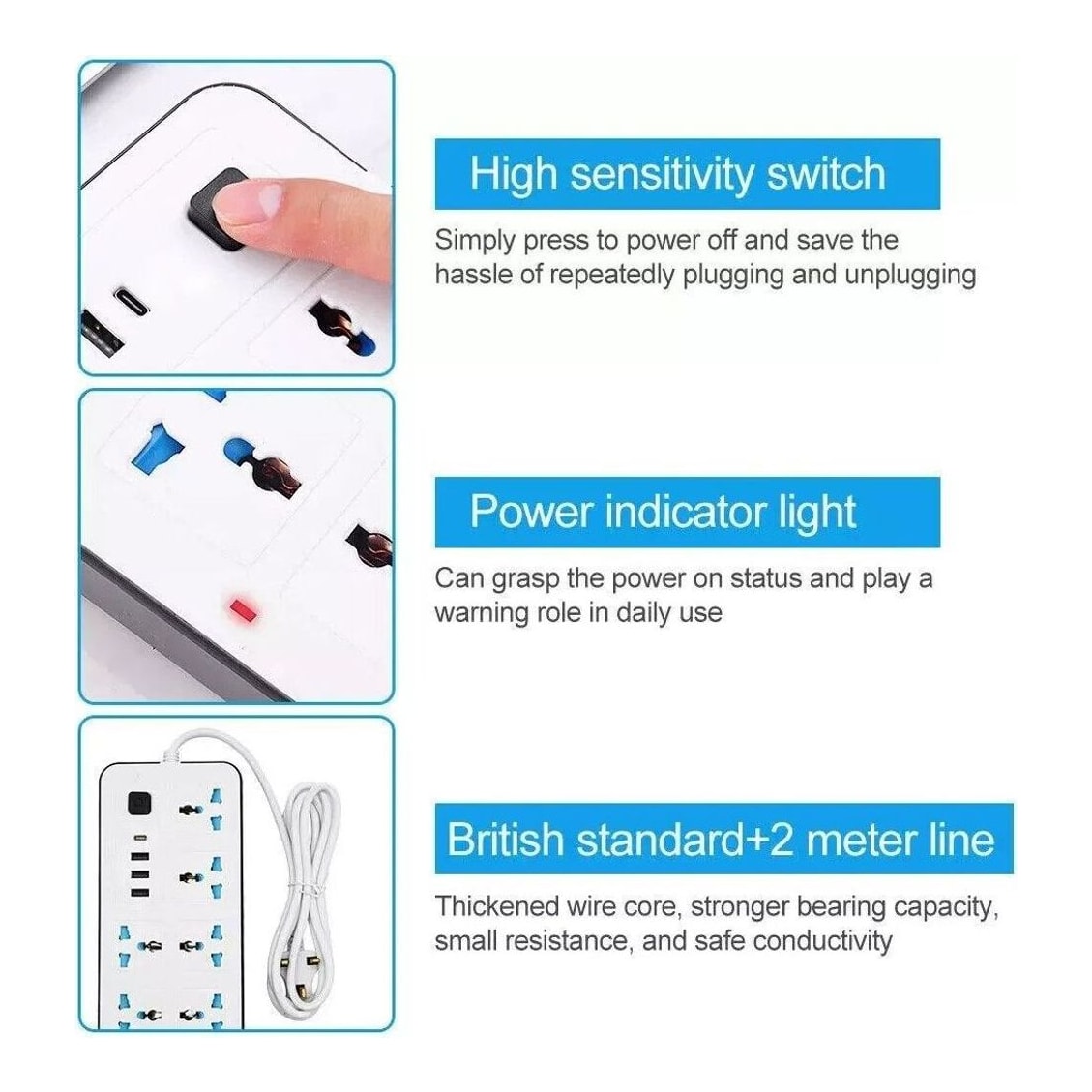 Free Postage Extension Lead Cable Electric Mains Power 6 Gang 3 USB 1 Type-C — photo 3