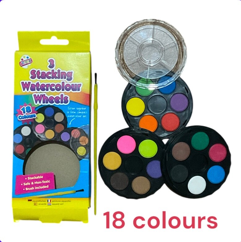 3 Stacking WaterColour Wheels 18 colours Safe & Toxic Brush Included ArtBox