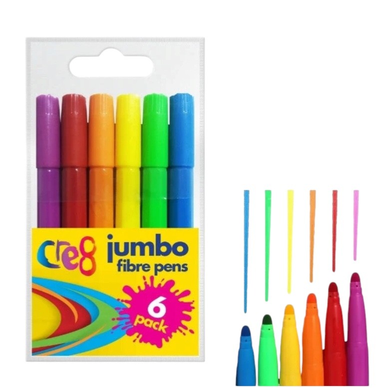 6pc Jumbo Fibres Marker Pens Bright Colours  Non Toxic Kids Colouring Felt Tips