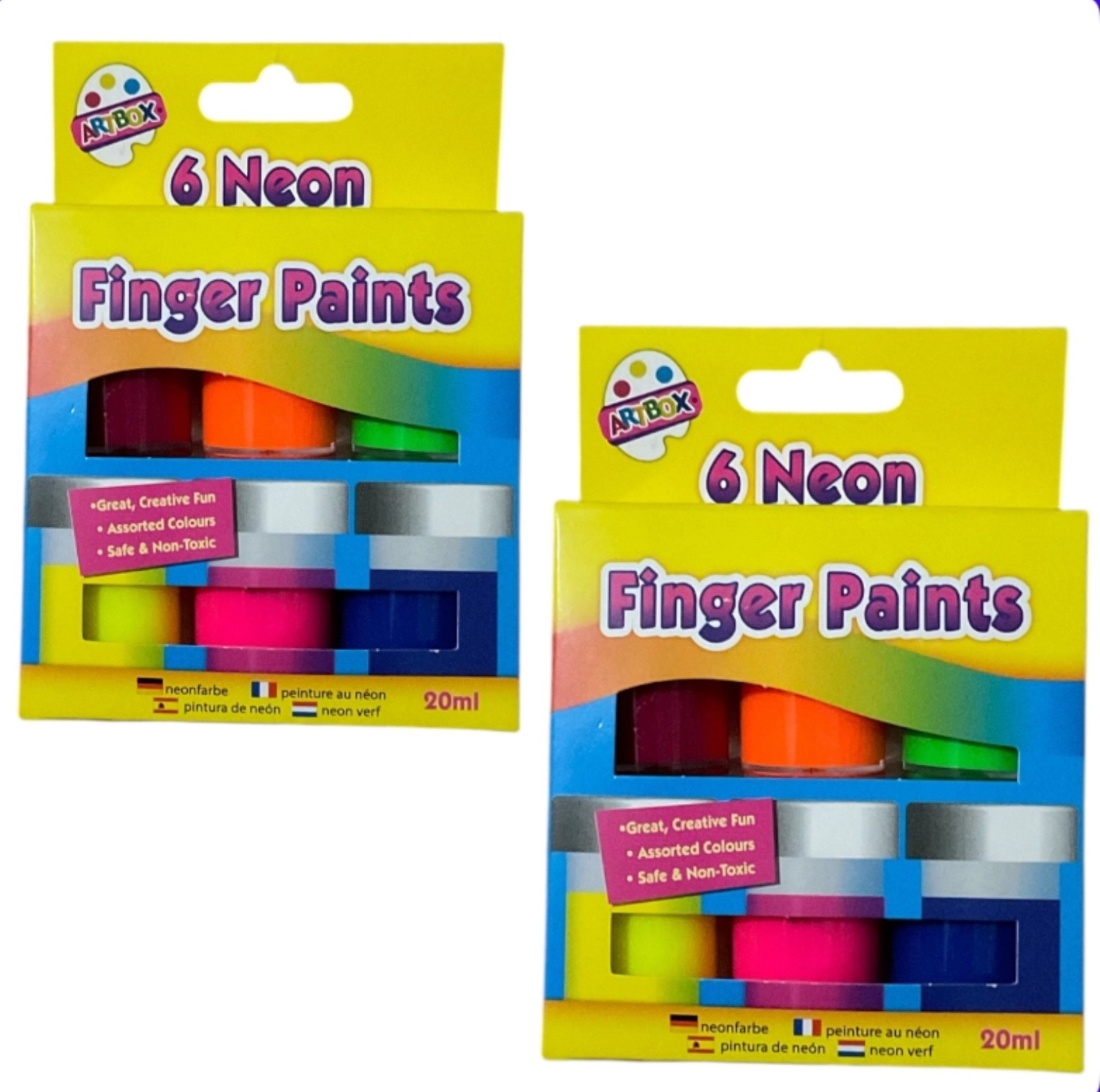 2 pack x 6 pc FINGER PAINTS SET 20ml Pots Neon Assorted Colours Kids Art/Craft
