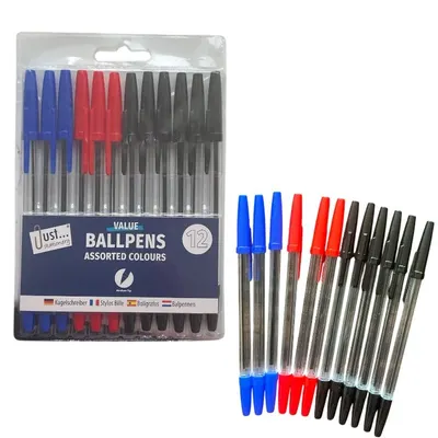 12 High Quality Ballpoint Soft Grip School Office Easy Write  Black, Blue, Red