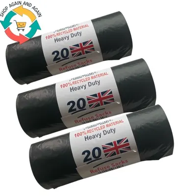 20x 75L Black Heavy Duty Bin Liner Rolls StrongRubbish Waste Refuse Sacks UK