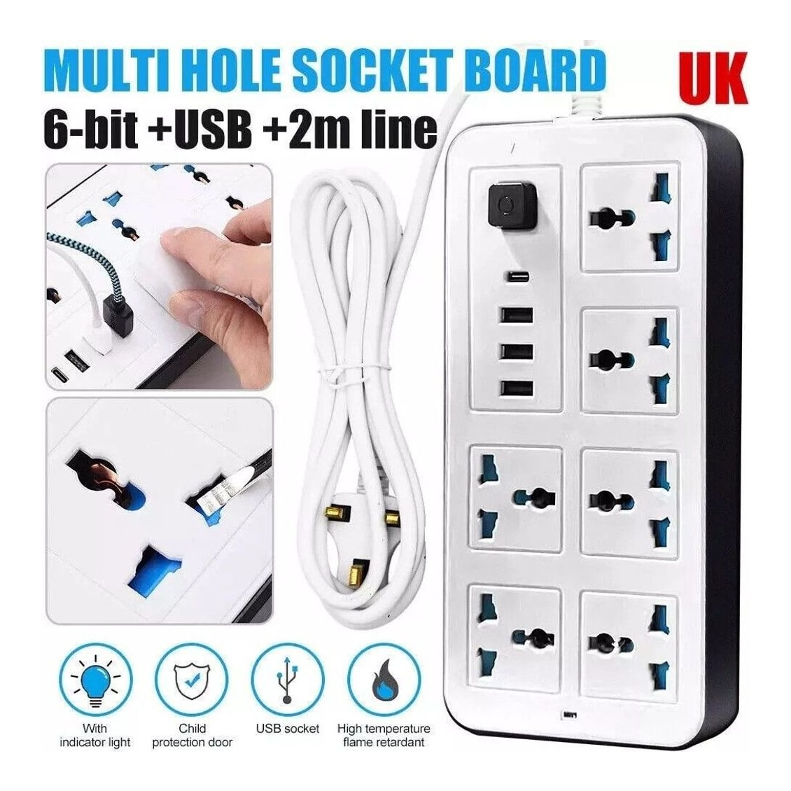Free Postage Extension Lead Cable Electric Mains Power 6 Gang 3 USB 1 Type-C — photo 9