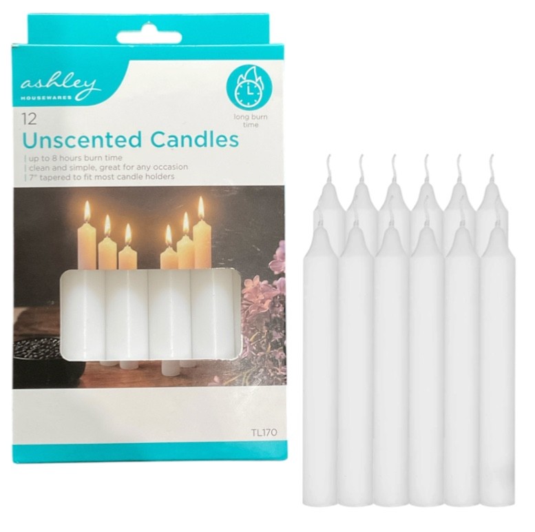 12pc White Unscented Tapered Dinner Candles 7”(17.5cm) 8Hour Burn Time Wax Decor