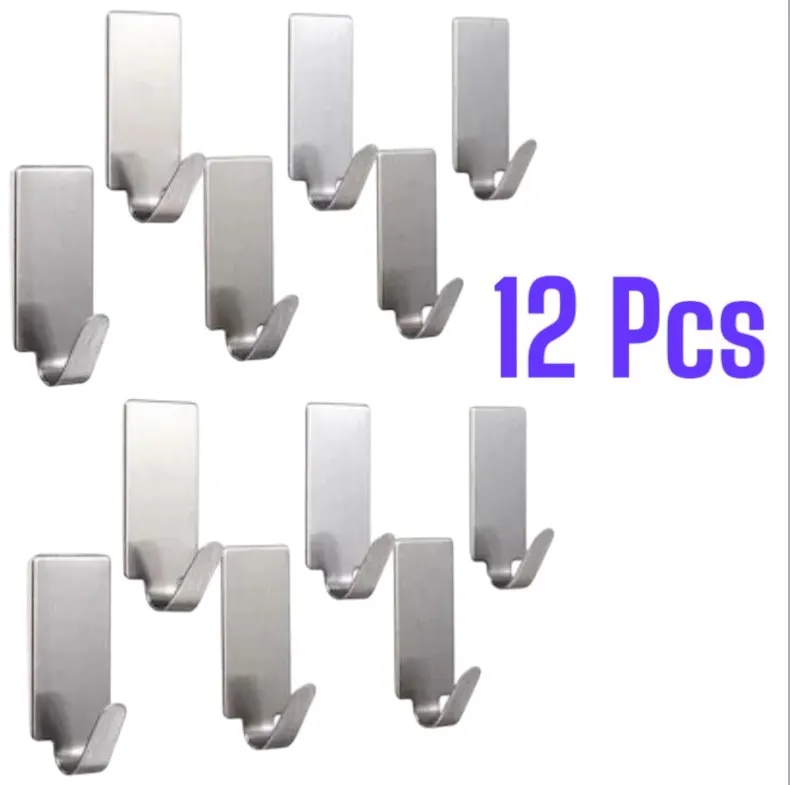 12 Pc Self-Adhesive Hooks Stainless Steel Strong Sticky Stick