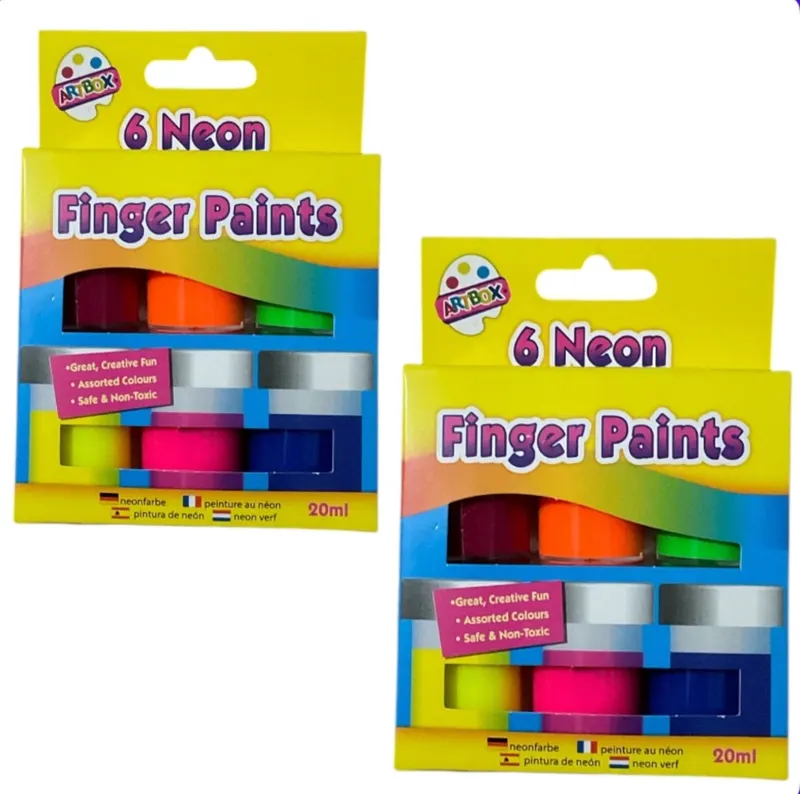 2 pack x 6 pc FINGER PAINTS SET 20ml Pots Neon Assorted Colours Kids Art/Craft