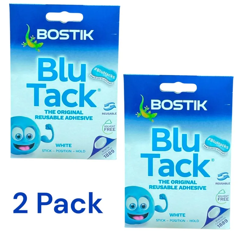 2Pc Blu Tack White Handy Reusable Adhesive Clean Safe Easy Multipurpose Bostik