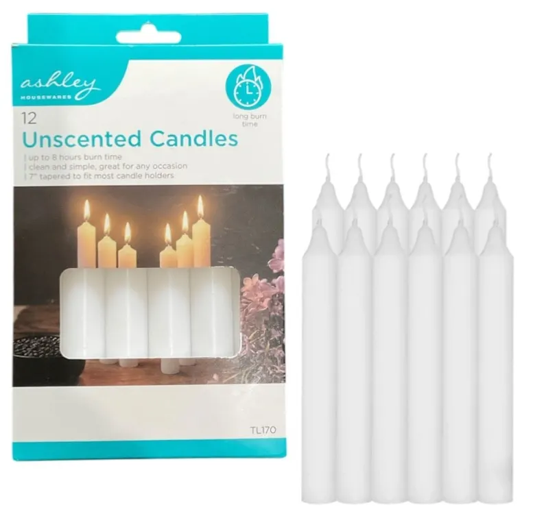 12pc White Unscented Tapered Dinner Candles 7”(17.5cm) 8Hour Burn Time Wax Decor