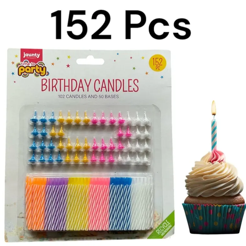 152pk Happy Birthday Candles & Bases Party Decoration