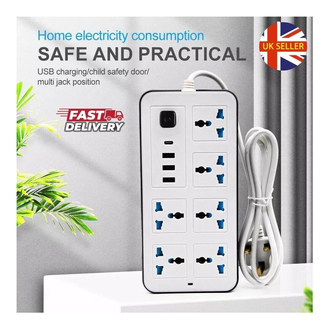 Free Postage Extension Lead Cable Electric Mains Power 6 Gang 3 USB 1 Type-C — photo 6