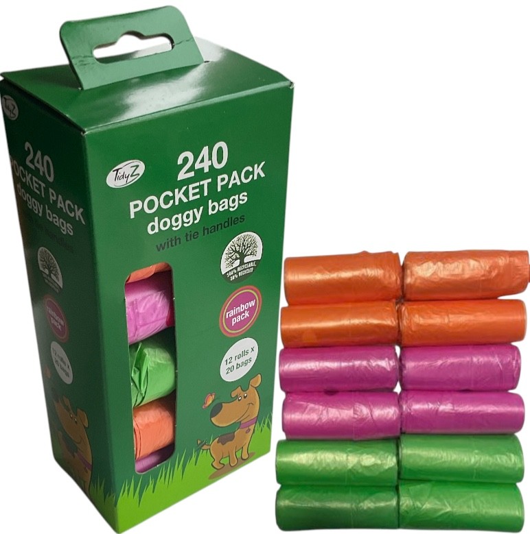 240 Dog Poo Bag Strong Pocket Rolled Large Tie Handles Puppy Poop Waste Bags