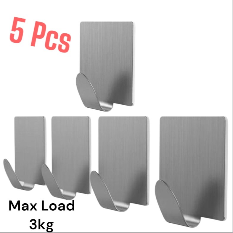 5 Pcs Self-Adhesive Hooks Stainless Steel Strong Silver Sticky Stick on Wall