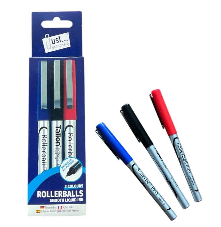 3 Rollerball Pen Assorted Colour Smooth Liquid Ink Medium Tip All Purpose Tallon