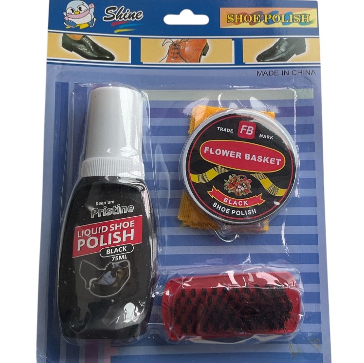 3PC BLACK LIQUID & SHOE POLISH SET BRUSH KIT POLISHING SHINE SNEAKERS SCRUB