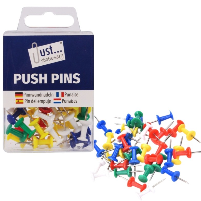 50Pc Assorted Colours Noticeboard Push Pins Just Stationery With Storage Case