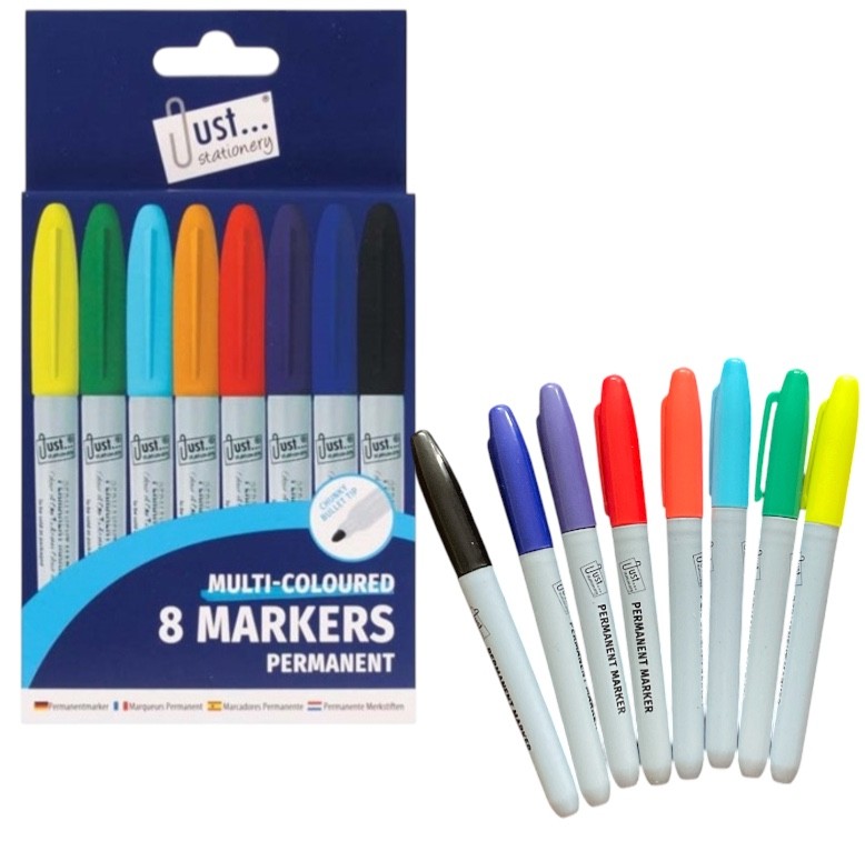 8Pc Multi- Colour Permanent Marker Pens Bullet Tip Markers Light Shades Eco-Pack