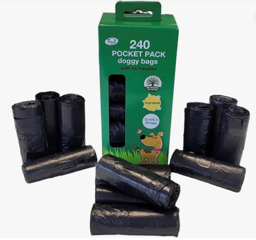 240 Dog Poo Bag Strong Pocket Rolled Large Tie Handles Puppy Poop Waste Bags