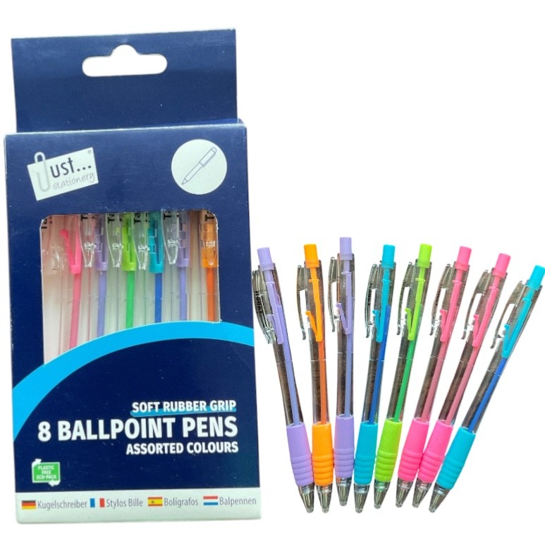 8pc Ballpoint Pen Soft Rubber Grip Retractable Pens Pastel Colours Office School