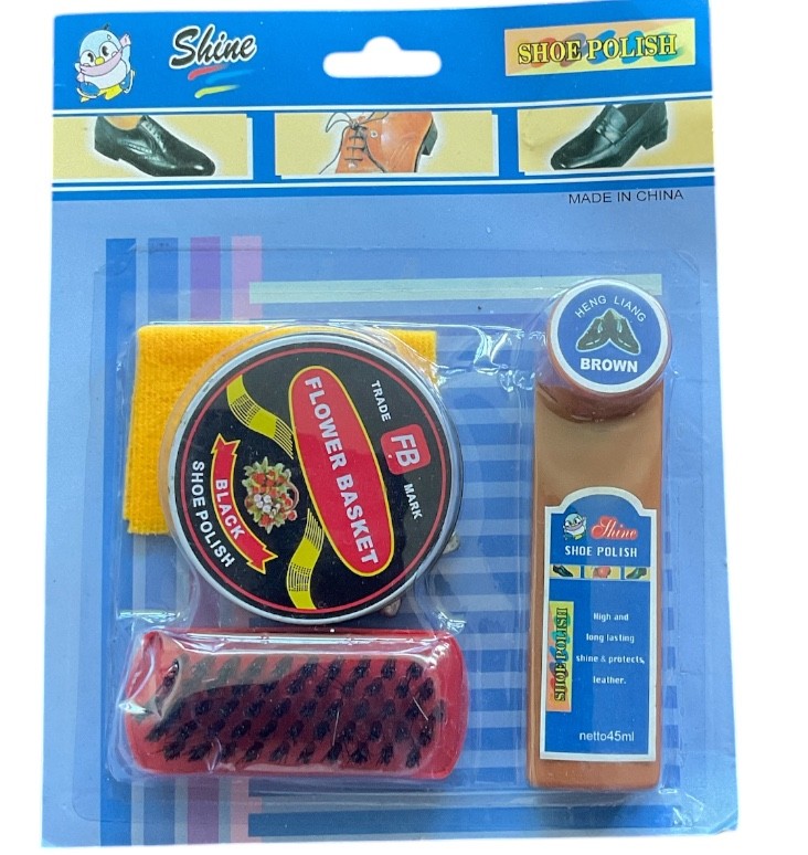 4PC BROWN LIQUID & SHOE POLISH SET BRUSH KIT POLISHING SHINE SNEAKERS SCRUB
