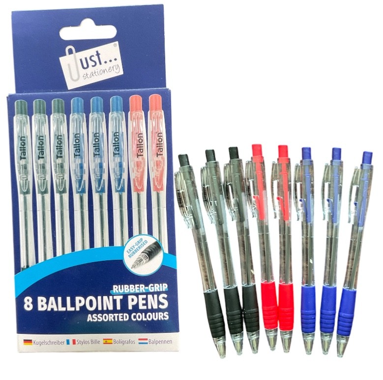 Retractable Ball Point Pens x 2 packs of 8 Soft Rubber Grip  - Black Blue Red