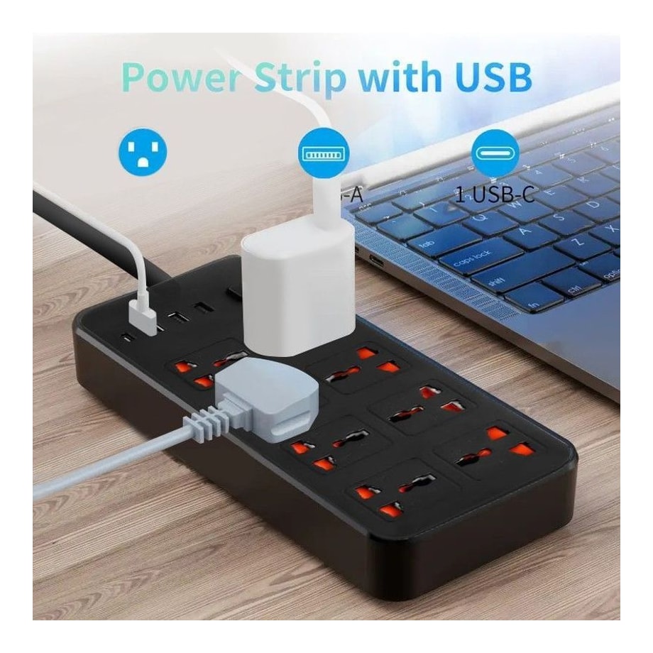 Extension Lead Cable Electric Mains Power 8 Gang 3 USB 1 Type-C Port Plug Socket — photo 2