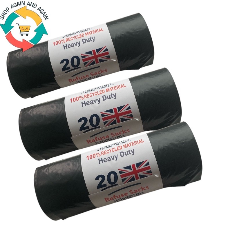 20x 75L Black Heavy Duty Bin Liner Rolls StrongRubbish Waste Refuse Sacks UK