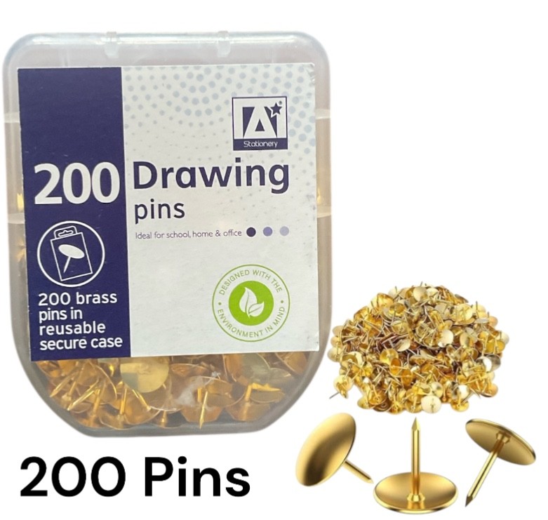 200 Brass Drawing Pins 9.5mm Strong Metal Gold Colour in Reusable Secure Case